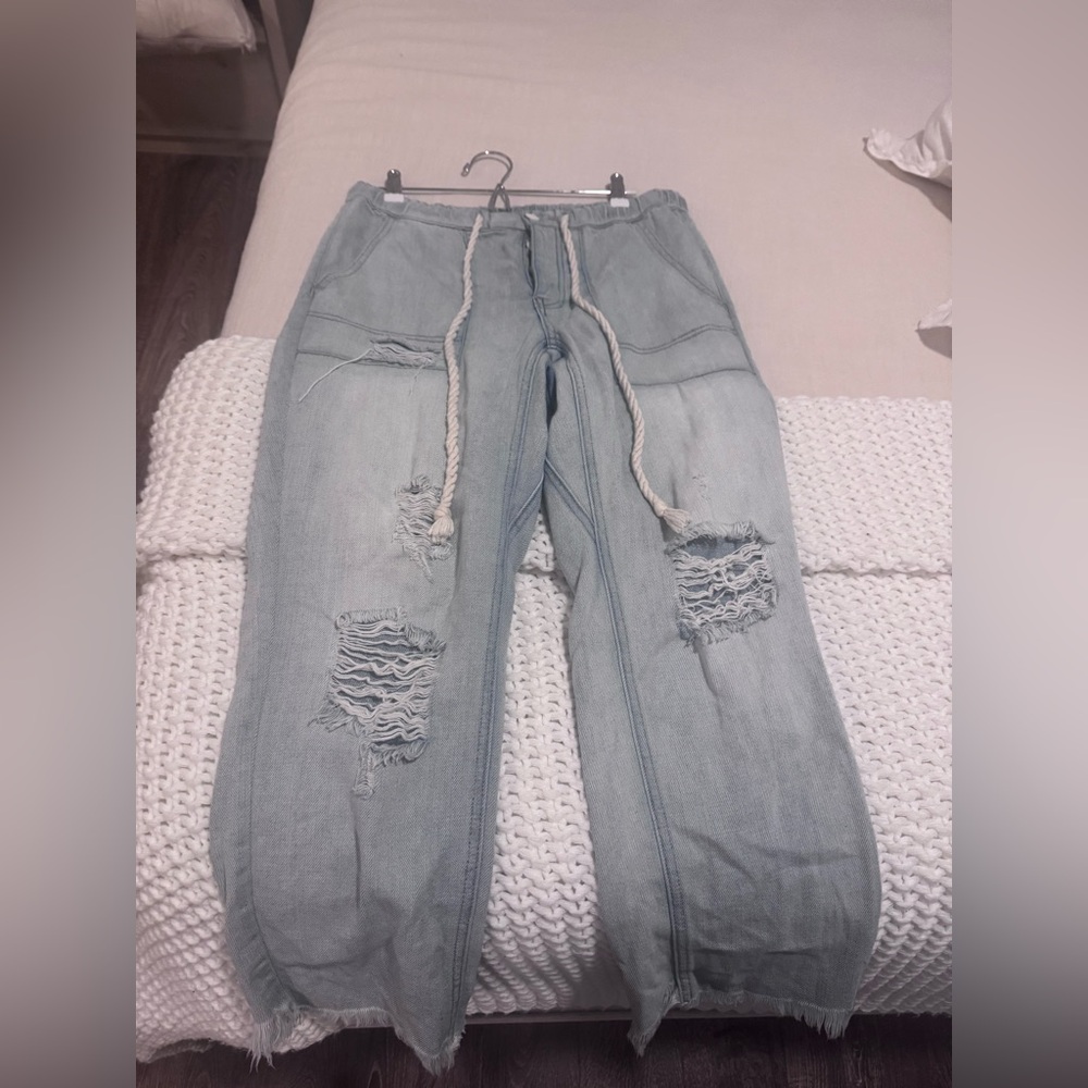 Free People Distressed Light Blue Soft Denim Pants